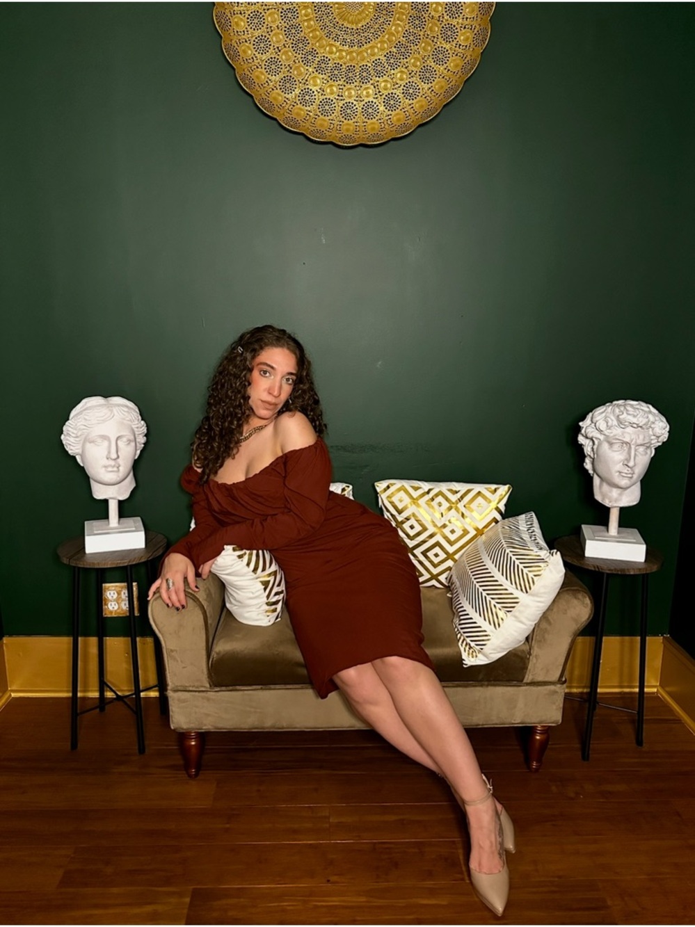 Women’s Off-Shoulder Midi Dress in Deep Brown